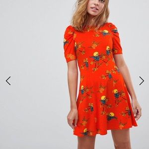 ASOS PETITE Mini Tea Dress with Ruched Shoulders In Bird Print